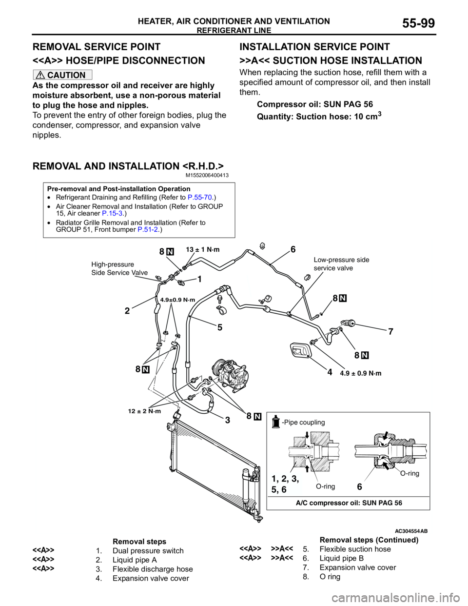 MITSUBISHI LANCER 2005  Workshop Manual REFRIGERANT LINE
HEATER, AIR CONDITIONER AND VENTILATION55-99
REMOVAL SERVICE POINT
<<A>> HOSE/PIPE DISCONNECTION
CAUTION
As the compressor oil and receiver are highly 
moisture absorbent, use a non-p
