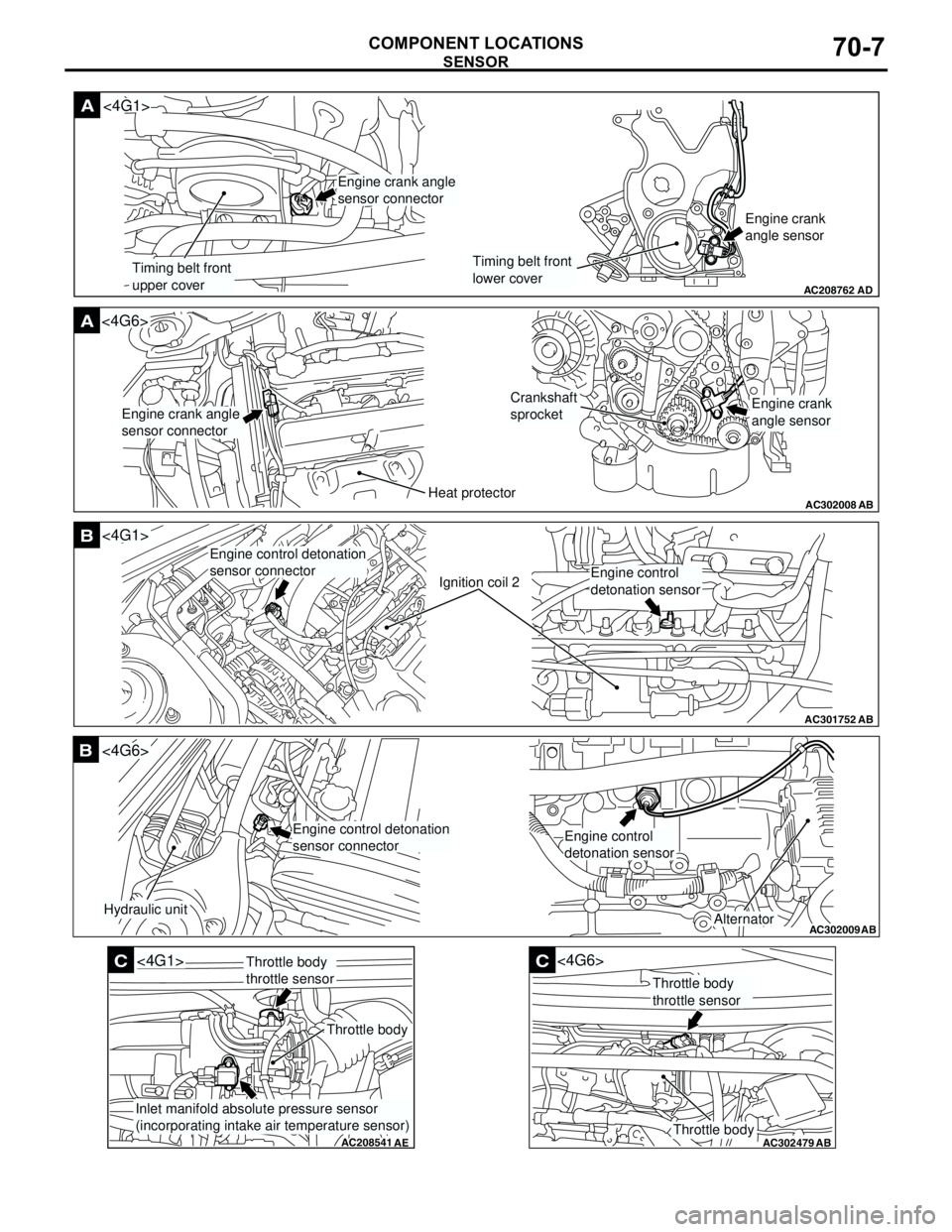 MITSUBISHI LANCER 2005 User Guide SENSOR
COMPONENT LOCATIONS70-7
AC208762
A
AD
Timing belt front
upper coverTiming belt front
lower coverEngine crank
angle sensor
<4G1>
Engine crank angle
sensor connector
AC302008
A<4G6>
ABHeat protec MITSUBISHI LANCER 2005 User Guide SENSOR
COMPONENT LOCATIONS70-7
AC208762
A
AD
Timing belt front
upper coverTiming belt front
lower coverEngine crank
angle sensor
<4G1>
Engine crank angle
sensor connector
AC302008
A<4G6>
ABHeat protec