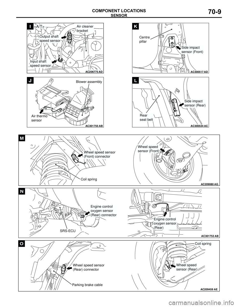MITSUBISHI LANCER 2005 Workshop Manual SENSOR
COMPONENT LOCATIONS70-9
AC206775
AD
I<A/T>
Input shaft
speed sensor
Output shaft
speed sensor
Air cleaner
bracket
AC301755
J
AB
Air thermo
sensorBlower assembly
AC300517
AD
K
Side impact
sensor MITSUBISHI LANCER 2005 Workshop Manual SENSOR
COMPONENT LOCATIONS70-9
AC206775
AD
I<A/T>
Input shaft
speed sensor
Output shaft
speed sensor
Air cleaner
bracket
AC301755
J
AB
Air thermo
sensorBlower assembly
AC300517
AD
K
Side impact
sensor