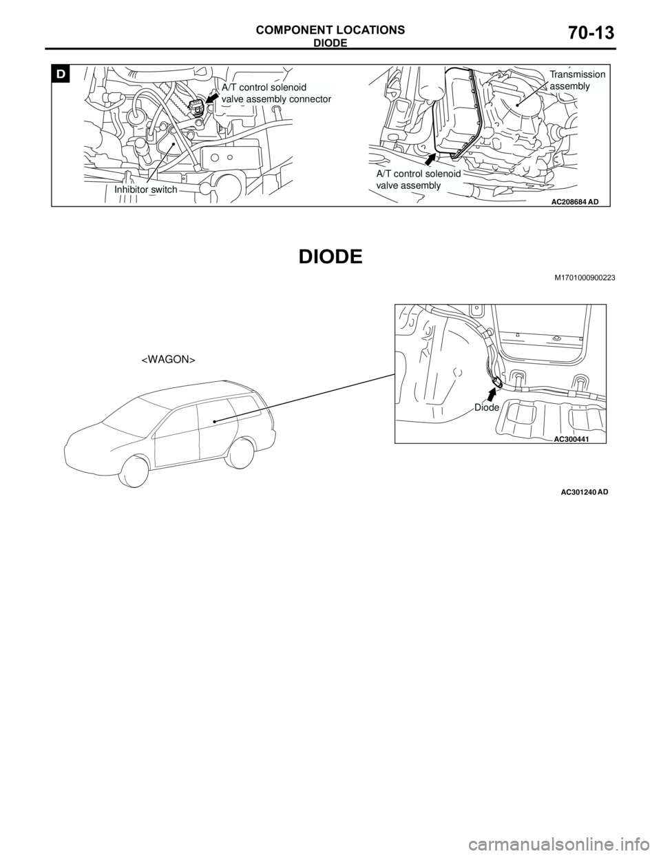 MITSUBISHI LANCER 2005 Workshop Manual DIODE
COMPONENT LOCATIONS70-13
DIODE
M1701000900223
AC208684
D
AD
A/T control solenoid
valve assembly connector
Inhibitor switch
A/T control solenoid
valve assembly
Transmission
assembly
AC300441
AC30 MITSUBISHI LANCER 2005 Workshop Manual DIODE
COMPONENT LOCATIONS70-13
DIODE
M1701000900223
AC208684
D
AD
A/T control solenoid
valve assembly connector
Inhibitor switch
A/T control solenoid
valve assembly
Transmission
assembly
AC300441
AC30