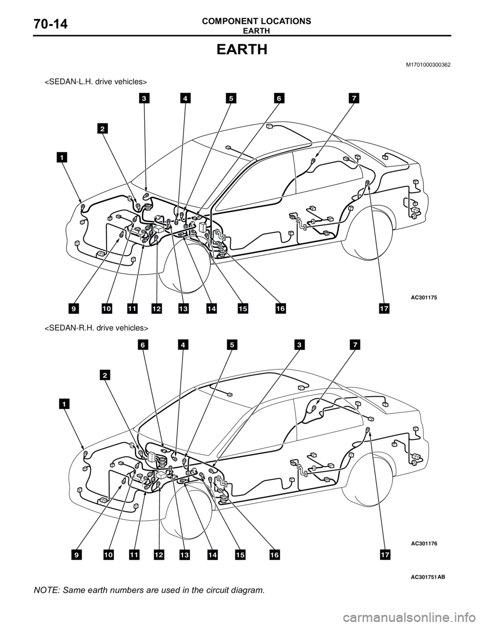 MITSUBISHI LANCER 2005 User Guide EARTH
COMPONENT LOCATIONS70-14
EARTH
M1701000300362
NOTE: Same earth numbers are used in the circuit diagram.
AC301751
AC301175
AC301176
<SEDAN-L.H. drive vehicles>
3
2
1
4567
91011121314151617
<SEDAN MITSUBISHI LANCER 2005 User Guide EARTH
COMPONENT LOCATIONS70-14
EARTH
M1701000300362
NOTE: Same earth numbers are used in the circuit diagram.
AC301751
AC301175
AC301176
<SEDAN-L.H. drive vehicles>
3
2
1
4567
91011121314151617
<SEDAN