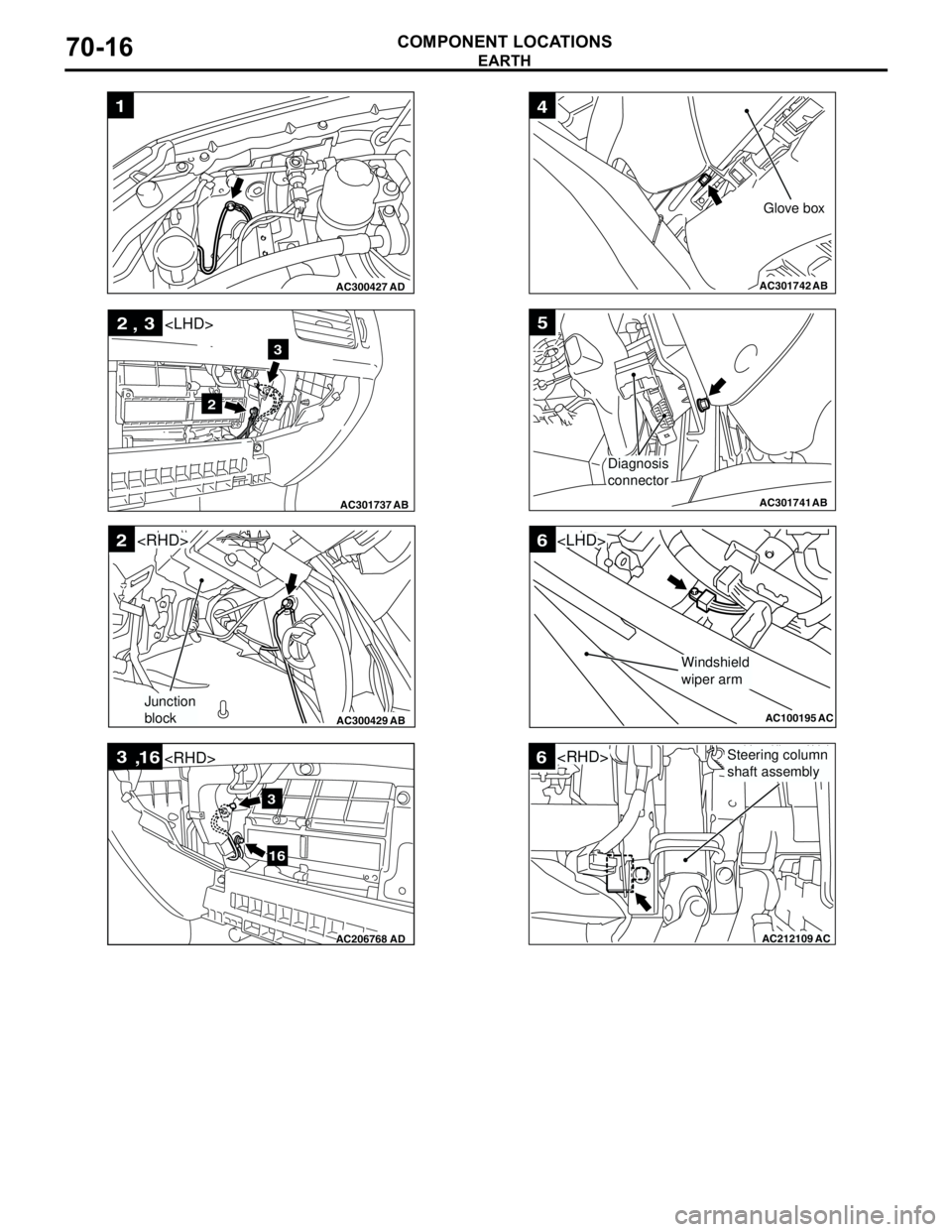 MITSUBISHI LANCER 2005 Workshop Manual EARTH
COMPONENT LOCATIONS70-16
AC300427
1
AD
AC301737AB
2
3
,
2
3
<LHD>
AC300429
AB
2<RHD>
Junction
block
AC206768AD
3
16
,
3
16
<RHD>
AC301742AB
4
Glove box
AC301741AB
5
Diagnosis
connector
AC1001 MITSUBISHI LANCER 2005 Workshop Manual EARTH
COMPONENT LOCATIONS70-16
AC300427
1
AD
AC301737AB
2
3
,
2
3
<LHD>
AC300429
AB
2<RHD>
Junction
block
AC206768AD
3
16
,
3
16
<RHD>
AC301742AB
4
Glove box
AC301741AB
5
Diagnosis
connector
AC1001