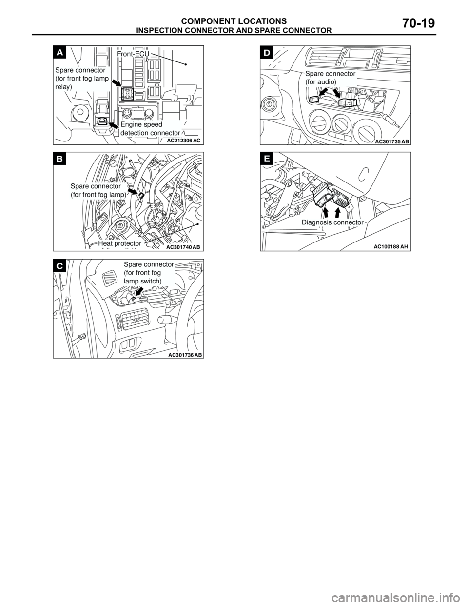 MITSUBISHI LANCER 2005 Manual PDF INSPECTION CONNECTOR AND SPARE CONNECTOR
COMPONENT LOCATIONS70-19
AC212306
A
AC
Spare connector
(for front fog lamp
relay)
Engine speed
detection connector
Front-ECU
AC301740AB
B
Spare connector
(for MITSUBISHI LANCER 2005 Manual PDF INSPECTION CONNECTOR AND SPARE CONNECTOR
COMPONENT LOCATIONS70-19
AC212306
A
AC
Spare connector
(for front fog lamp
relay)
Engine speed
detection connector
Front-ECU
AC301740AB
B
Spare connector
(for