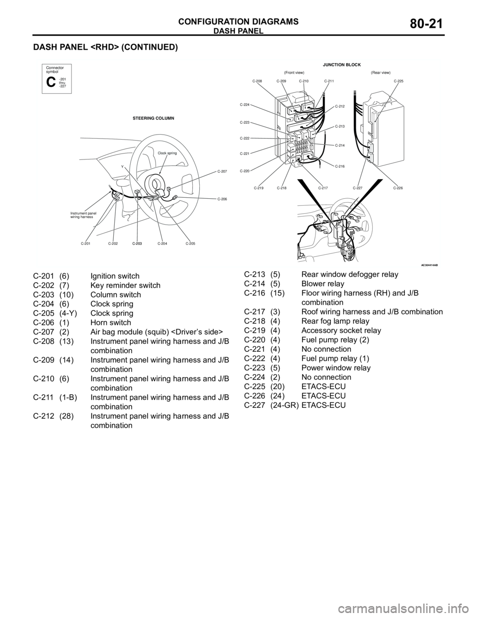 MITSUBISHI LANCER 2005 Owners Manual DASH PANEL
CONFIGURATION DIAGRAMS80-21
DASH PANEL <RHD> (CONTINUED)
AC304414AB
(Front view)(Rear view)
C-208 C-209 C-210 C-211
C-212
C-213
C-214
C-216
C-217 C-218 C-219 C-220 C-221 C-222 C-223 C-224C- MITSUBISHI LANCER 2005 Owners Manual DASH PANEL
CONFIGURATION DIAGRAMS80-21
DASH PANEL <RHD> (CONTINUED)
AC304414AB
(Front view)(Rear view)
C-208 C-209 C-210 C-211
C-212
C-213
C-214
C-216
C-217 C-218 C-219 C-220 C-221 C-222 C-223 C-224C-
