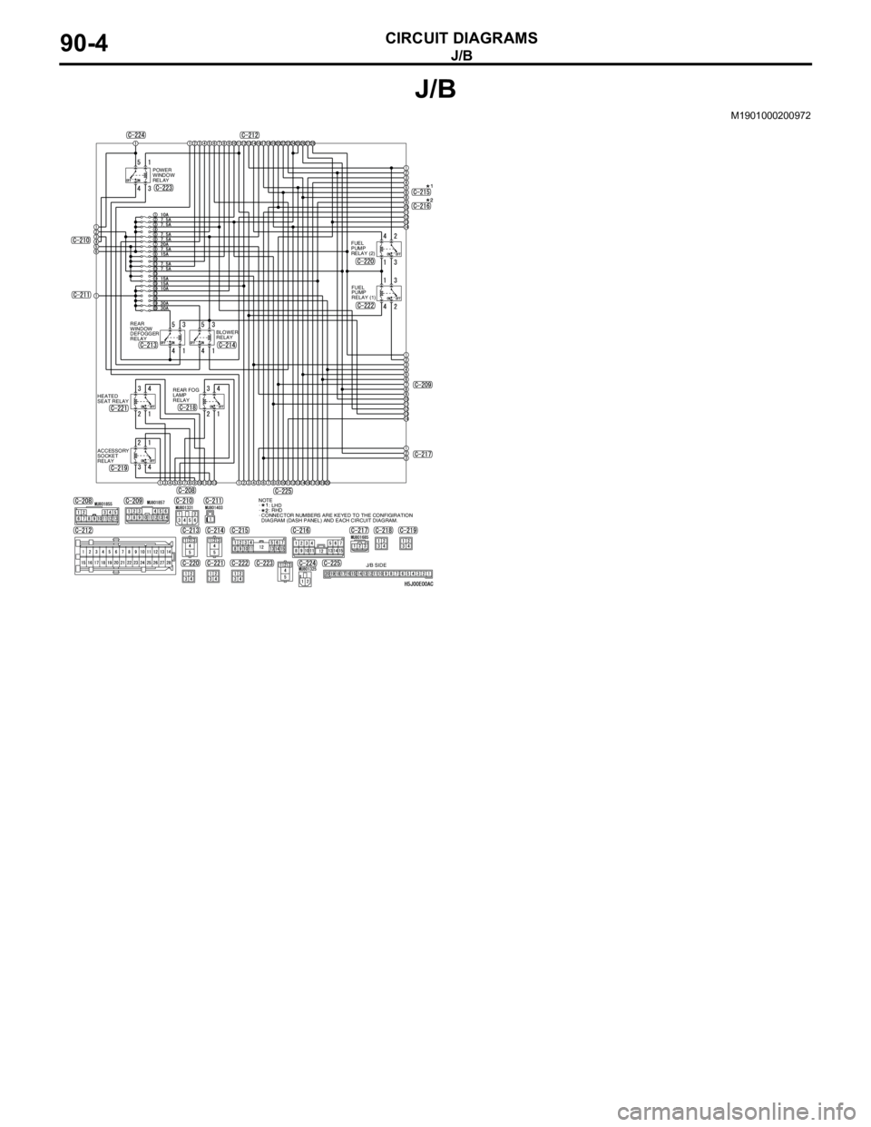 MITSUBISHI LANCER 2005 Manual Online J/B
CIRCUIT DIAGRAMS90-4
J/B
M1901000200972
POWER
WINDOW
RELAY
FUEL
PUMP
RELAY (2)
FUEL
PUMP
RELAY (1)
REAR
WINDOW
DEFOGGER
RELAYBLOWER
RELAY
REAR FOG
LAMP
RELAY
J/B SIDE HEATED
SEAT RELAY
ACCESSO MITSUBISHI LANCER 2005 Manual Online J/B
CIRCUIT DIAGRAMS90-4
J/B
M1901000200972
POWER
WINDOW
RELAY
FUEL
PUMP
RELAY (2)
FUEL
PUMP
RELAY (1)
REAR
WINDOW
DEFOGGER
RELAYBLOWER
RELAY
REAR FOG
LAMP
RELAY
J/B SIDE HEATED
SEAT RELAY
ACCESSO