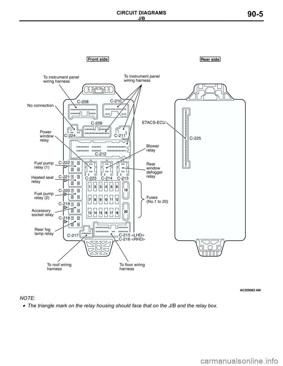 MITSUBISHI LANCER 2005 Workshop Manual J/B
CIRCUIT DIAGRAMS90-5
NOTE: .
•The triangle mark on the relay housing should face that on the J/B and the relay box.
AC209083
Front side
C-208
C-222C-224
C-220C-221
C-219
C-217 C-218C-212C-211 C- MITSUBISHI LANCER 2005 Workshop Manual J/B
CIRCUIT DIAGRAMS90-5
NOTE: .
•The triangle mark on the relay housing should face that on the J/B and the relay box.
AC209083
Front side
C-208
C-222C-224
C-220C-221
C-219
C-217 C-218C-212C-211 C-