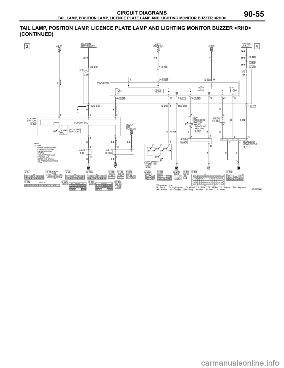 MITSUBISHI LANCER 2005  Workshop Manual TAIL LAMP, POSITION LAMP, LICENCE PLATE LAMP AND LIGHTING MONITOR BUZZER <RHD>
CIRCUIT DIAGRAMS90-55
TAIL LAMP, POSITION LAMP, LICENCE PLATE LAMP AND LIGHTING MONITOR BUZZER <RHD> 
(CONTINUED)
1FUSIBL