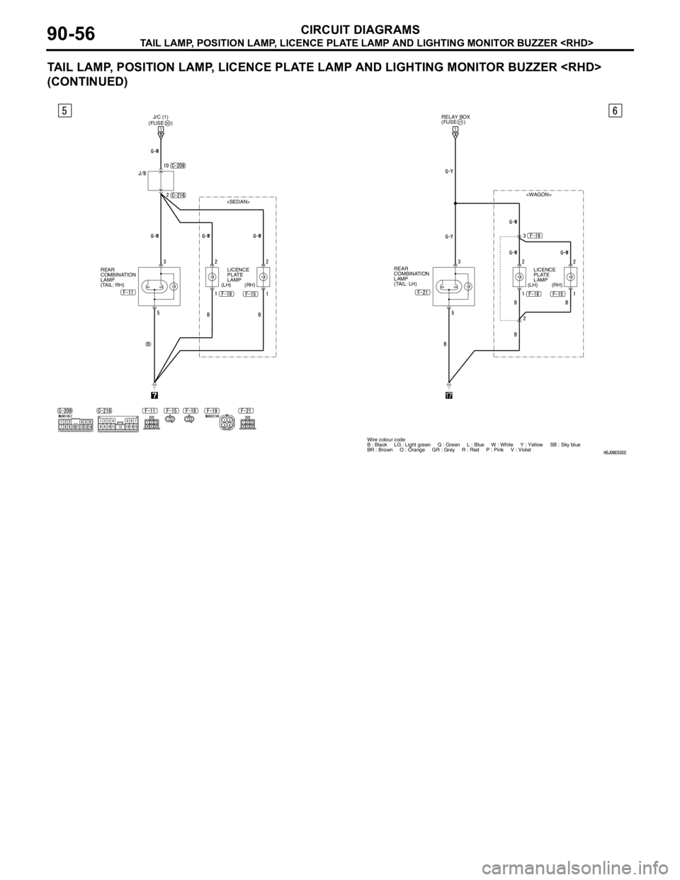 MITSUBISHI LANCER 2005  Workshop Manual TAIL LAMP, POSITION LAMP, LICENCE PLATE LAMP AND LIGHTING MONITOR BUZZER <RHD>
CIRCUIT DIAGRAMS90-56
TAIL LAMP, POSITION LAMP, LICENCE PLATE LAMP AND LIGHTING MONITOR BUZZER <RHD> 
(CONTINUED)
J/C (1)