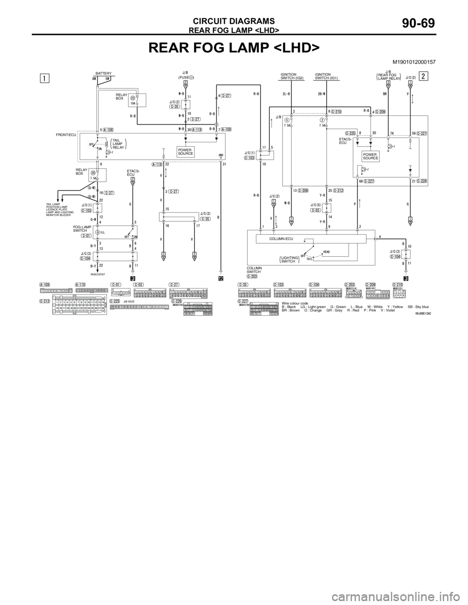MITSUBISHI LANCER 2005 Owners Guide REAR FOG LAMP <LHD>
CIRCUIT DIAGRAMS90-69
REAR FOG LAMP <LHD>
M1901012000157
J/B SIDE RHEOSTAT
BATTERY
(FUSE )5
RELAY
BOX
FRONT-ECU
ETACS-
ECUPOWER
SOURCE TAIL
LAMP
RELAY
TAIL LAMP,
POSITION L MITSUBISHI LANCER 2005 Owners Guide REAR FOG LAMP <LHD>
CIRCUIT DIAGRAMS90-69
REAR FOG LAMP <LHD>
M1901012000157
J/B SIDE RHEOSTAT
BATTERY
(FUSE )5
RELAY
BOX
FRONT-ECU
ETACS-
ECUPOWER
SOURCE TAIL
LAMP
RELAY
TAIL LAMP,
POSITION L