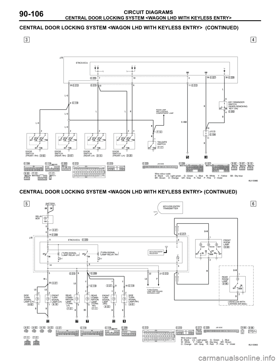 MITSUBISHI LANCER 2005 Workshop Manual CENTRAL DOOR LOCKING SYSTEM <WAGON LHD WITH KEYLESS ENTRY>
CIRCUIT DIAGRAMS90-106
CENTRAL DOOR LOCKING SYSTEM <WAGON LHD WITH KEYLESS ENTRY> (CONTINUED)
CENTRAL DOOR LOCKING SYSTEM <WAGON LHD WITH KE MITSUBISHI LANCER 2005 Workshop Manual CENTRAL DOOR LOCKING SYSTEM <WAGON LHD WITH KEYLESS ENTRY>
CIRCUIT DIAGRAMS90-106
CENTRAL DOOR LOCKING SYSTEM <WAGON LHD WITH KEYLESS ENTRY> (CONTINUED)
CENTRAL DOOR LOCKING SYSTEM <WAGON LHD WITH KE