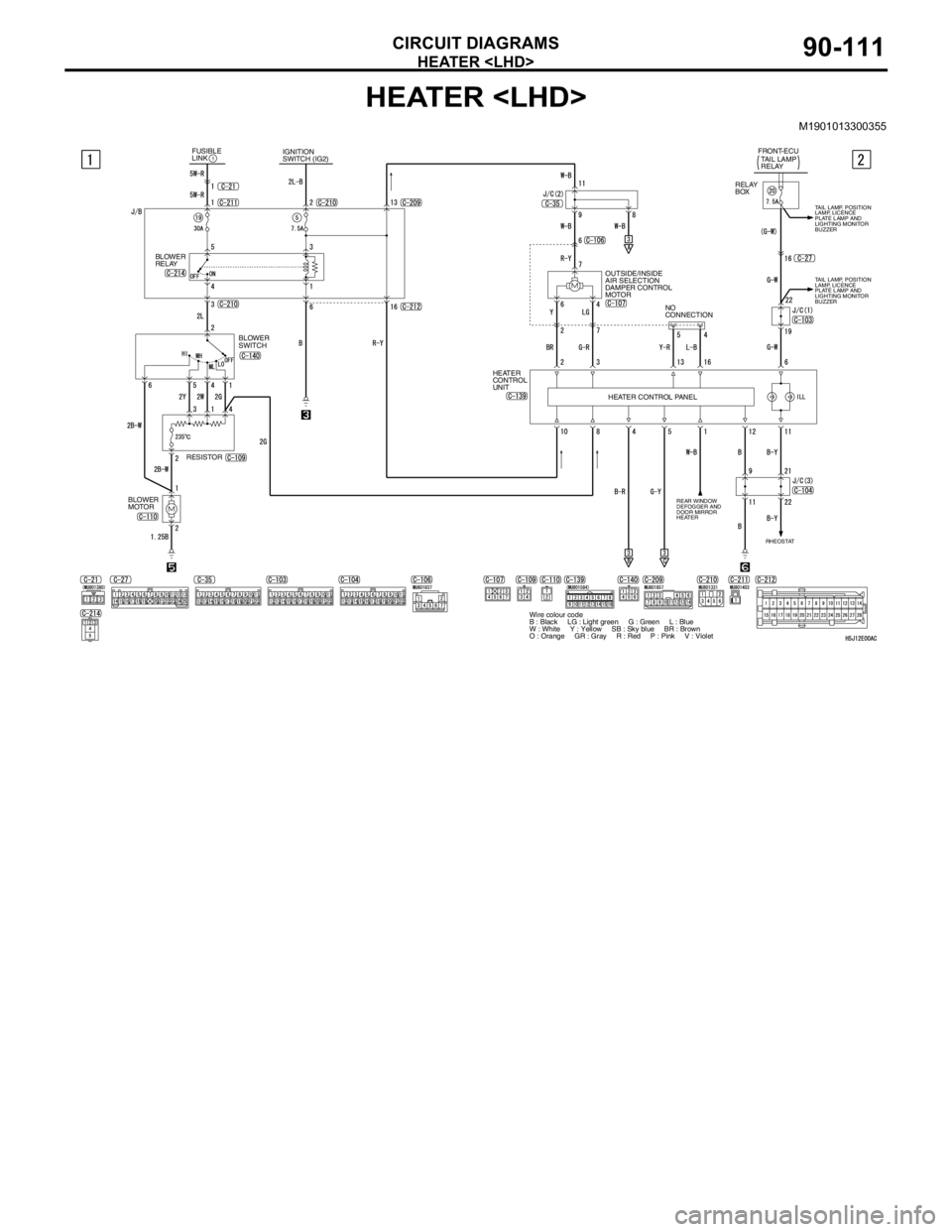 MITSUBISHI LANCER 2005 Workshop Manual HEATER <LHD>
CIRCUIT DIAGRAMS90-111
HEATER <LHD>
M1901013300355
HEATER CONTROL PANELRELAY
BOX
OUTSIDE/INSIDE
AIR SELECTION
DAMPER CONTROL
MOTORTAIL LAMP
RELAY
REAR WINDOW
DEFOGGER AND
DOOR MIRR MITSUBISHI LANCER 2005 Workshop Manual HEATER <LHD>
CIRCUIT DIAGRAMS90-111
HEATER <LHD>
M1901013300355
HEATER CONTROL PANELRELAY
BOX
OUTSIDE/INSIDE
AIR SELECTION
DAMPER CONTROL
MOTORTAIL LAMP
RELAY
REAR WINDOW
DEFOGGER AND
DOOR MIRR