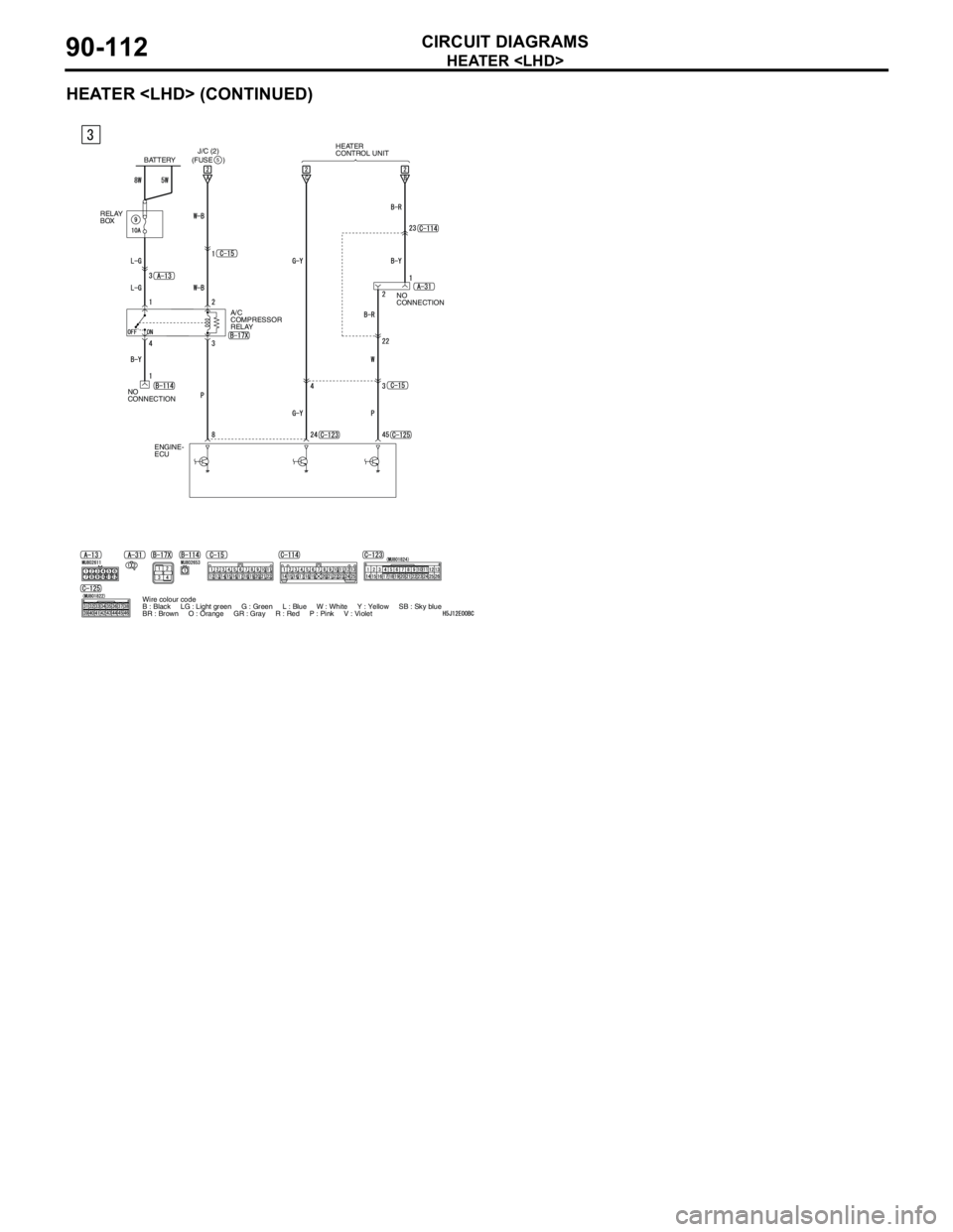 MITSUBISHI LANCER 2005  Workshop Manual HEATER <LHD>
CIRCUIT DIAGRAMS90-112
HEATER <LHD> (CONTINUED)
Wire colour code
B : Black     LG : Light green     G : Green     L : Blue     W : White     Y : Yellow     SB : Sky blue
BR : Brown     O 
