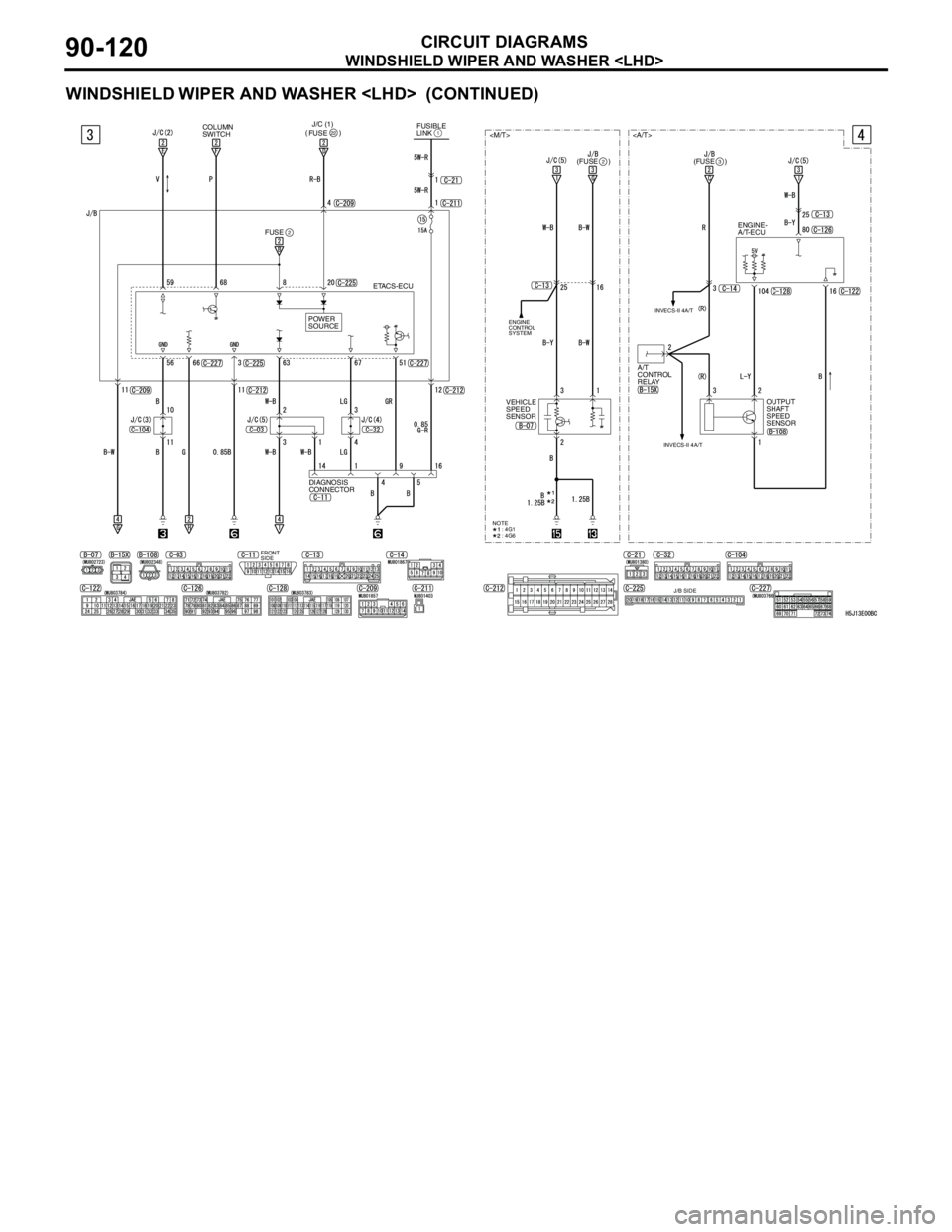 MITSUBISHI LANCER 2005  Workshop Manual WINDSHIELD WIPER AND WASHER <LHD>
CIRCUIT DIAGRAMS90-120
WINDSHIELD WIPER AND WASHER <LHD>  (CONTINUED)
(FUSE     )2(FUSE     )3
<M/T> <A/T>
ENGINE-
A/T-ECU
A/T 
CONTROL 
RELAY
OUTPUT 
SHAFT 
SPEED 
S