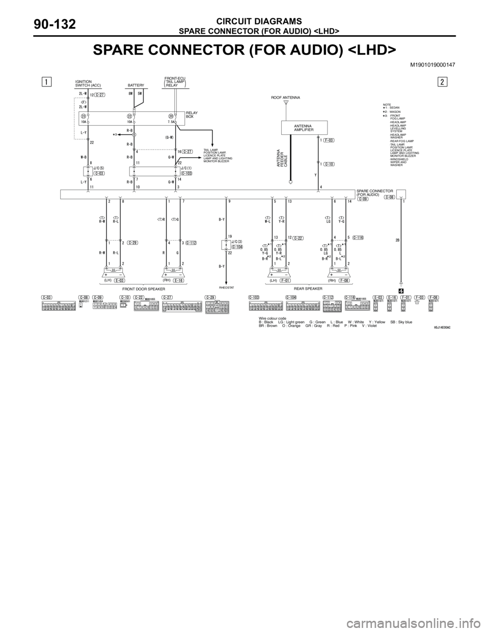 MITSUBISHI LANCER 2005 Workshop Manual SPARE CONNECTOR (FOR AUDIO) <LHD>
CIRCUIT DIAGRAMS90-132
SPARE CONNECTOR (FOR AUDIO) <LHD>
M1901019000147
·FRONT
FOG LAMP
·TAIL LAMP,
POSITION LAMP,
LICENCE PLATE
LAMP AND LIGHTING
MONITOR BUZZ MITSUBISHI LANCER 2005 Workshop Manual SPARE CONNECTOR (FOR AUDIO) <LHD>
CIRCUIT DIAGRAMS90-132
SPARE CONNECTOR (FOR AUDIO) <LHD>
M1901019000147
·FRONT
FOG LAMP
·TAIL LAMP,
POSITION LAMP,
LICENCE PLATE
LAMP AND LIGHTING
MONITOR BUZZ