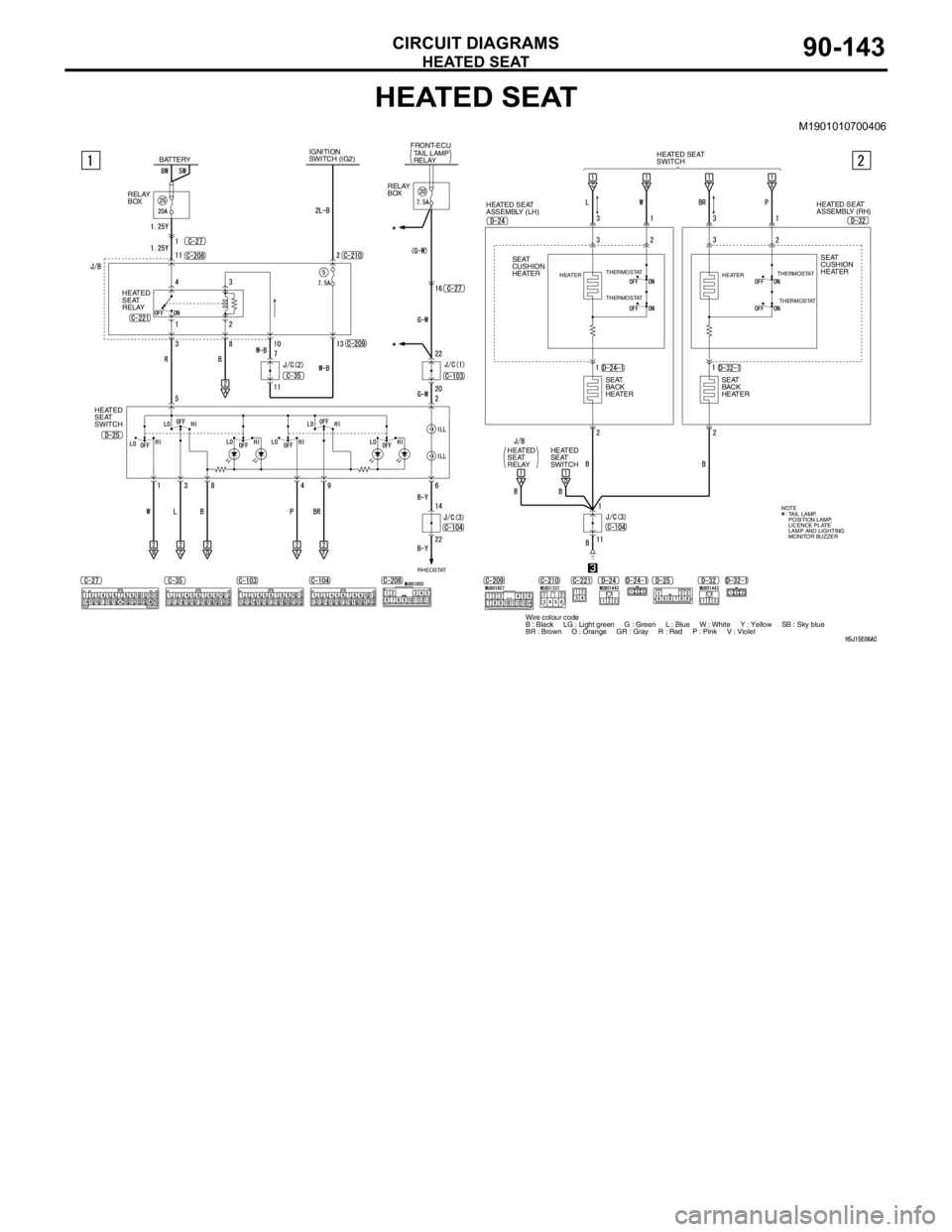 MITSUBISHI LANCER 2005 Workshop Manual HEATED SEAT
CIRCUIT DIAGRAMS90-143
HEATED SEAT
M1901010700406
BATTERYIGNITION
SWITCH (IG2)
HEATED
SEAT
SWITCHRELAY
BOXRELAY
BOX
RHEOSTAT
HEATED
SEAT
RELAYFRONT-ECU
TAIL LAMP
RELAY
HEATED SEAT
SWITCH
H MITSUBISHI LANCER 2005 Workshop Manual HEATED SEAT
CIRCUIT DIAGRAMS90-143
HEATED SEAT
M1901010700406
BATTERYIGNITION
SWITCH (IG2)
HEATED
SEAT
SWITCHRELAY
BOXRELAY
BOX
RHEOSTAT
HEATED
SEAT
RELAYFRONT-ECU
TAIL LAMP
RELAY
HEATED SEAT
SWITCH
H