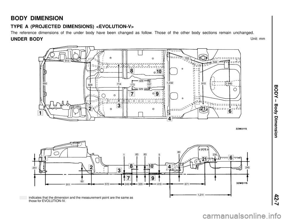 MITSUBISHI LANCER EVOLUTION IV 1998  Workshop Manual BODY – 
Body Dimension
42-7
BODY DIMENSION
TYPE A (PROJECTED DIMENSIONS) <EVOLUTION-V>
The reference dimensions of the under body have been changed as follow. Those of the other body sections remain