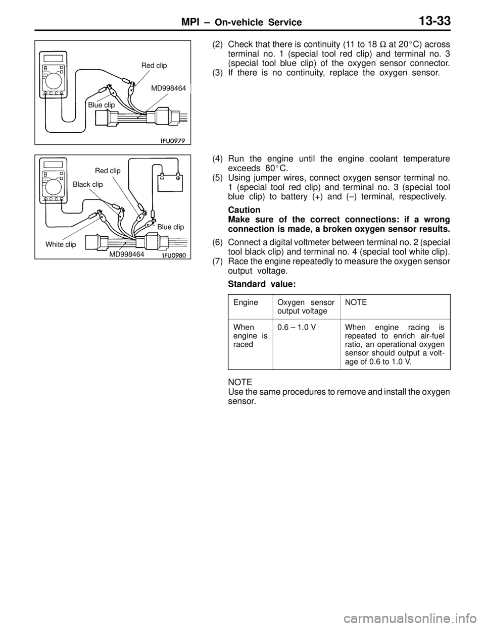 MITSUBISHI LANCER EVOLUTION IV 1998  Workshop Manual MPI – On-vehicle Service13-33
(2) Check that there is continuity (11 to 18 Ω at 20C) across
terminal no. 1 (special tool red clip) and terminal no. 3
(special tool blue clip) of the oxygen sensor