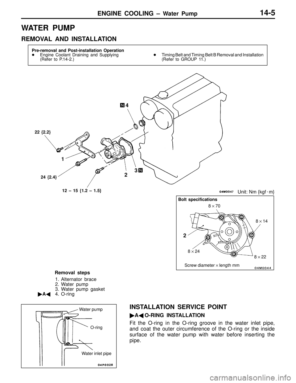 MITSUBISHI LANCER EVOLUTION IV 1998  Workshop Manual ENGINE COOLING – Water Pump14-5
WATER PUMP
REMOVAL AND INSTALLATION
Pre-removal and Post-installation Operation
Engine Coolant Draining and Supplying
(Refer to P.14-2.)Timing Belt and Timing Belt 