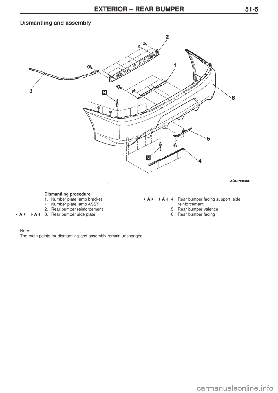 MITSUBISHI LANCER EVOLUTION IX 2005  Workshop Manual EXTERIOR – REAR BUMPER
51-5
Dismantling and assembly
Dismantling procedure
1.  Number plate lamp bracket
•Number plate lamp ASSY
2.  Rear bumper reinforcement
3.  Rear bumper side plate4.  Rear bu