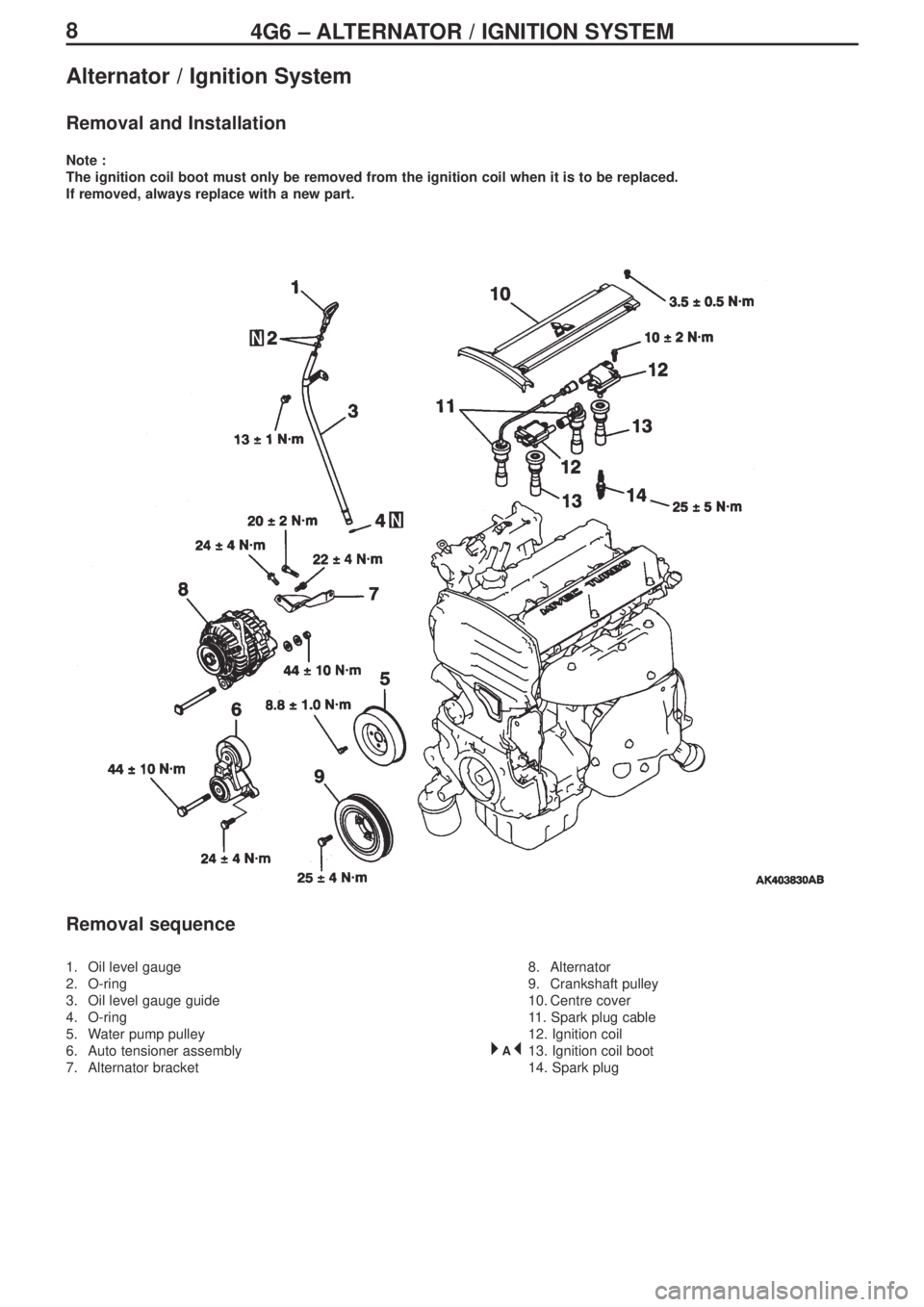 MITSUBISHI LANCER EVOLUTION IX 2005 User Guide 84G6 – ALTERNATOR / IGNITION SYSTEM
Alternator / Ignition System
Removal and Installation
Note :
The ignition coil boot must only be removed from the ignition coil when it is to be replaced.
If remo MITSUBISHI LANCER EVOLUTION IX 2005 User Guide 84G6 – ALTERNATOR / IGNITION SYSTEM
Alternator / Ignition System
Removal and Installation
Note :
The ignition coil boot must only be removed from the ignition coil when it is to be replaced.
If remo