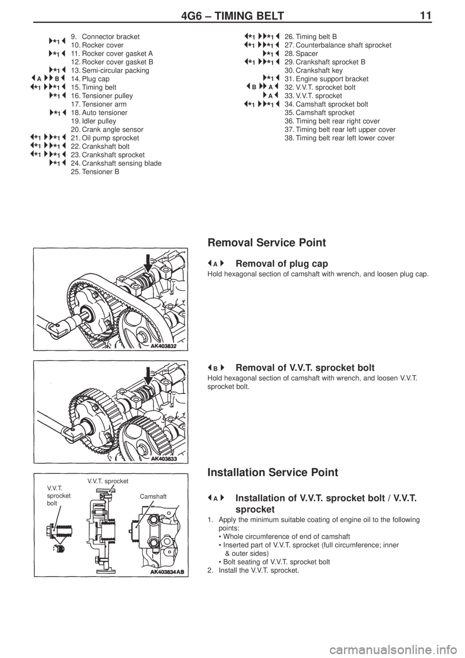 MITSUBISHI LANCER EVOLUTION IX 2005 Service Manual 114G6 – TIMING BELT
9. Connector bracket
10. Rocker cover
11.Rocker cover gasket A
12. Rocker cover gasket B
13. Semi-circular packing
14. Plug cap
15. Timing belt
16. Tensioner pulley
17. Tensioner MITSUBISHI LANCER EVOLUTION IX 2005 Service Manual 114G6 – TIMING BELT
9. Connector bracket
10. Rocker cover
11.Rocker cover gasket A
12. Rocker cover gasket B
13. Semi-circular packing
14. Plug cap
15. Timing belt
16. Tensioner pulley
17. Tensioner