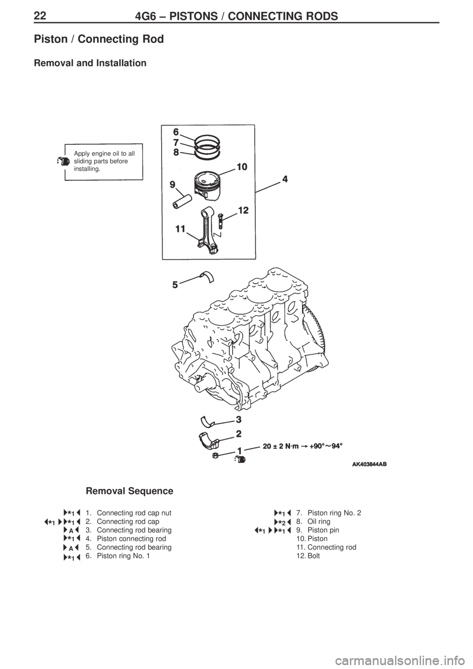 MITSUBISHI LANCER EVOLUTION IX 2005  Workshop Manual 224G6 – PISTONS / CONNECTING RODS
Removal Sequence
1.  Connecting rod cap nut
2.  Connecting rod cap
3.  Connecting rod bearing
4.  Piston connecting rod
5.  Connecting rod bearing
6.  Piston ring N