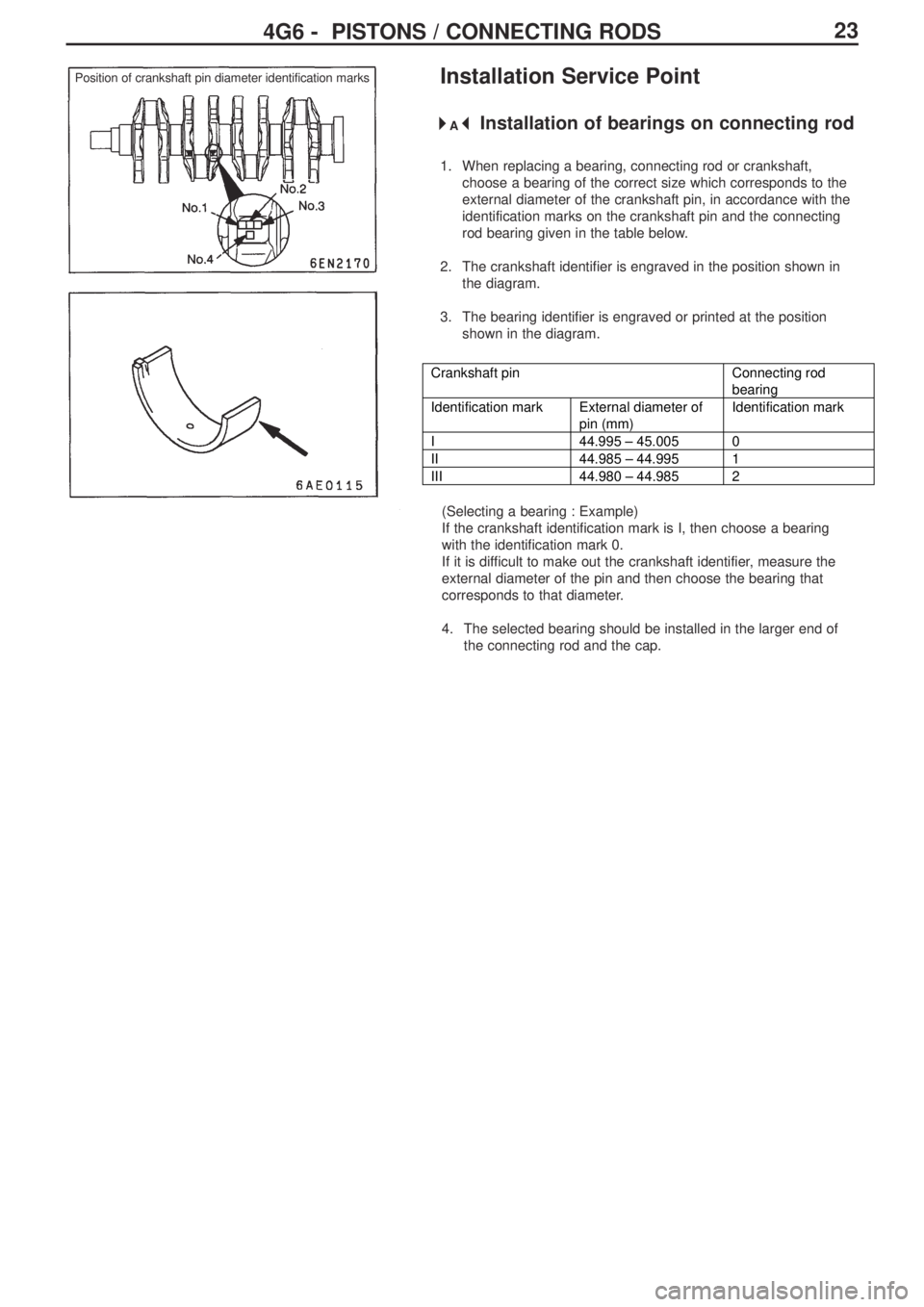 MITSUBISHI LANCER EVOLUTION IX 2005  Workshop Manual 234G6 -  PISTONS / CONNECTING RODS
Installation Service Point
Installation of bearings on connecting rod
1.  When replacing a bearing, connecting rod or crankshaft,
choose a bearing of the correct siz