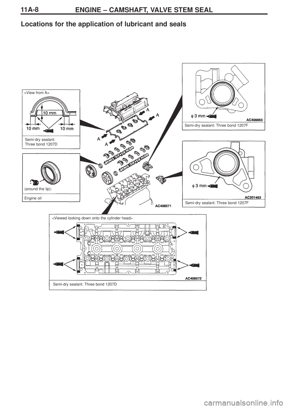 MITSUBISHI LANCER EVOLUTION IX 2005 User Guide ENGINE – CAMSHAFT, VALVE STEM SEAL11A-8
Locations for the application of lubricant and seals
<View from A>
Semi-dry sealant:
Three bond 1207D
(around the lip): 
Engine oil
Semi-dry sealant: Three bo