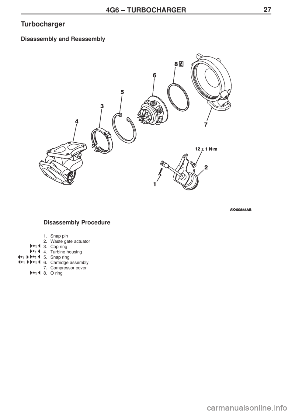 MITSUBISHI LANCER EVOLUTION IX 2005  Workshop Manual 274G6 – TURBOCHARGER
Turbocharger
Disassembly and Reassembly
Disassembly Procedure
1. Snap pin
2.  Waste gate actuator
3. Cap ring
4. Turbine housing
5. Snap ring
6. Cartridge assembly
7. Compressor