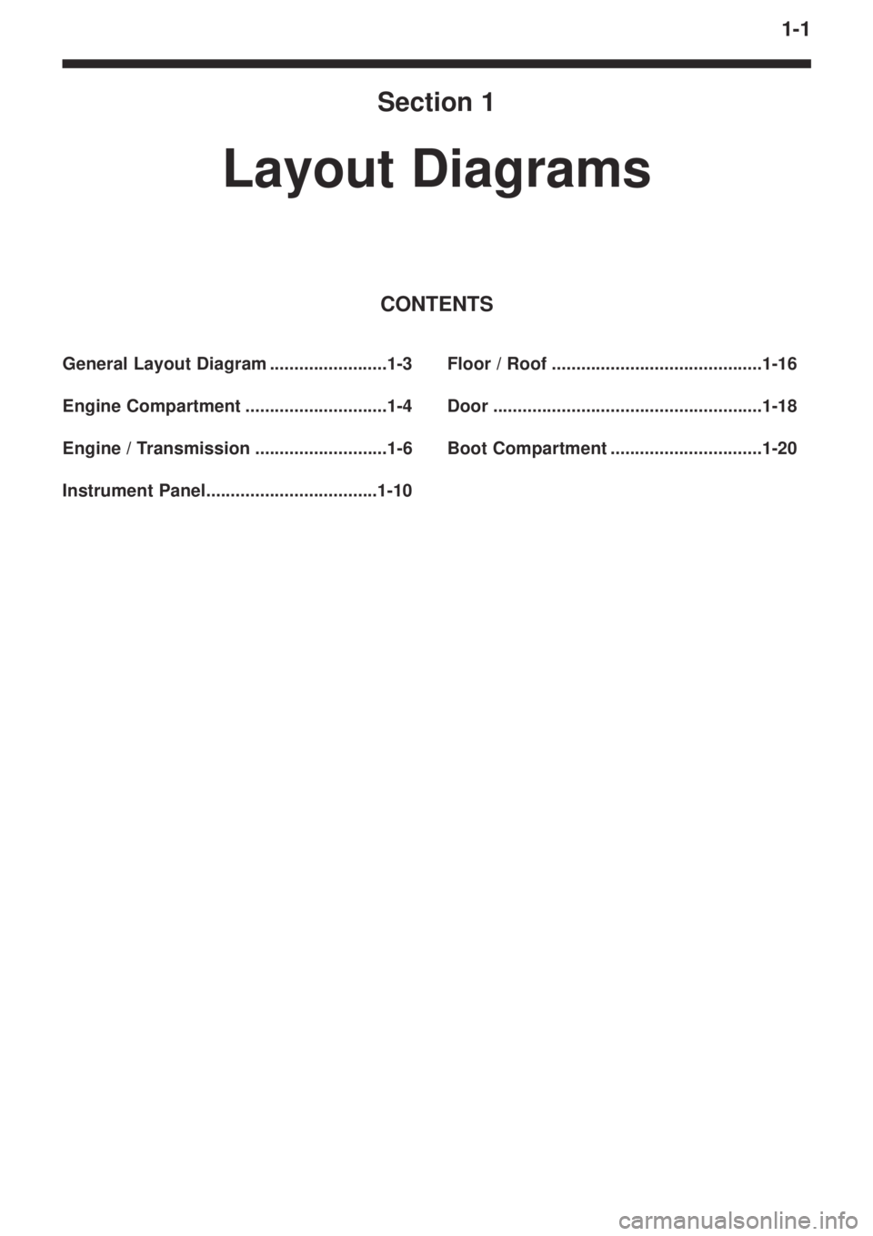 MITSUBISHI LANCER EVOLUTION IX 2005  Workshop Manual 1-1
Section 1
Layout Diagrams
CONTENTS
General Layout Diagram ........................1-3
Engine Compartment .............................1-4
Engine / Transmission ...........................1-6
Instr