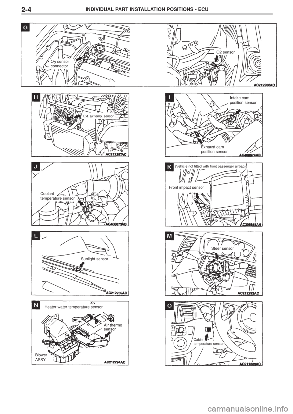 MITSUBISHI LANCER EVOLUTION IX 2005 Repair Manual INDIVIDUAL PART INSTALLATION POSITIONS - ECU2-4
O
2sensor
connector
Ext. air temp. sensor
Coolant 
temperature sensor
Intake cam 
position sensor
Exhaust cam
position sensor
(Vehicle not fitted with f