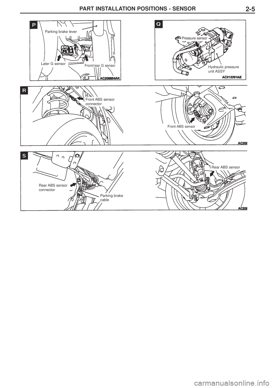 MITSUBISHI LANCER EVOLUTION IX 2005 Repair Manual PART INSTALLATION POSITIONS - SENSOR2-5
Parking brake lever
Later G sensor
Front ABS  sensor
connector
Rear ABS  sensor
connectorHydraulic pressure
unit ASSY
Pressure sensor
Front/rear G sensor
Front 
