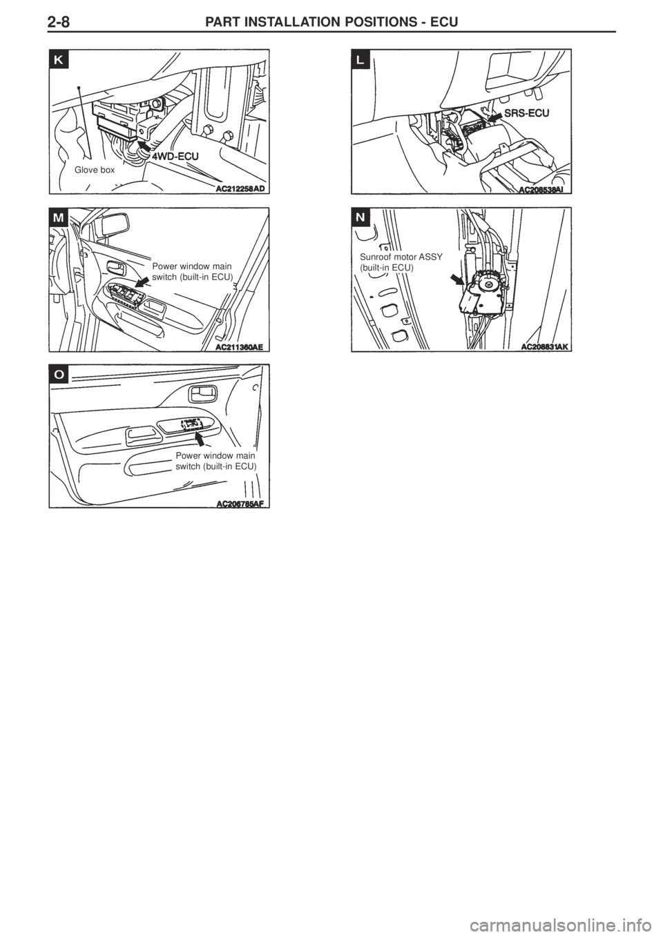 MITSUBISHI LANCER EVOLUTION IX 2005 Workshop Manual PART INSTALLATION POSITIONS - ECU2-8
Glove box
Power window main
switch (built-in ECU)Sunroof motor ASSY
(built-in ECU)
Power window main
switch (built-in ECU) MITSUBISHI LANCER EVOLUTION IX 2005 Workshop Manual PART INSTALLATION POSITIONS - ECU2-8
Glove box
Power window main
switch (built-in ECU)Sunroof motor ASSY
(built-in ECU)
Power window main
switch (built-in ECU)