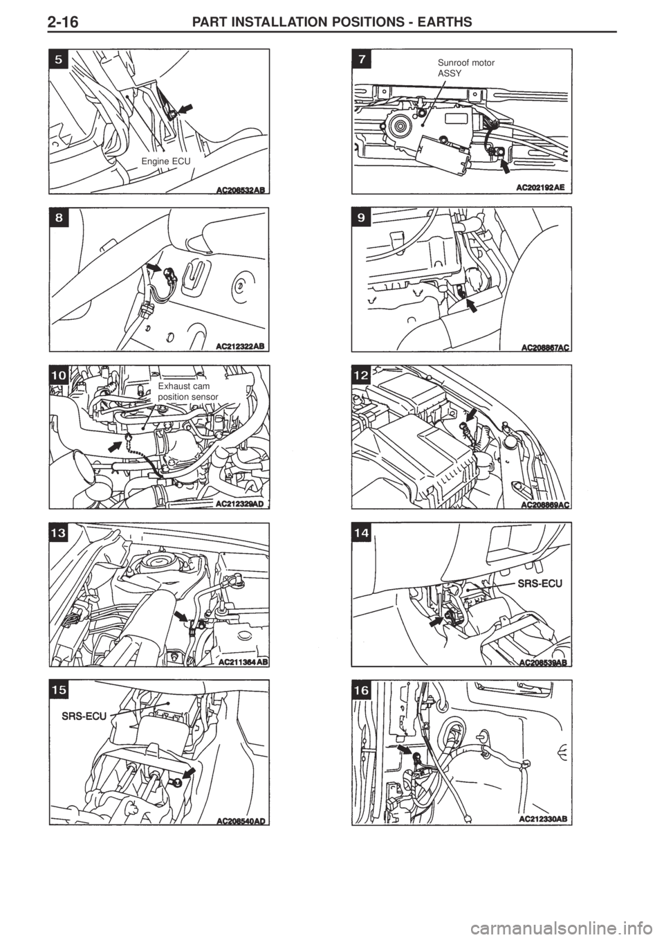 MITSUBISHI LANCER EVOLUTION IX 2005  Workshop Manual PART INSTALLATION POSITIONS - EARTHS2-16
Engine ECU
Exhaust cam
position sensorSunroof motor
ASSY 