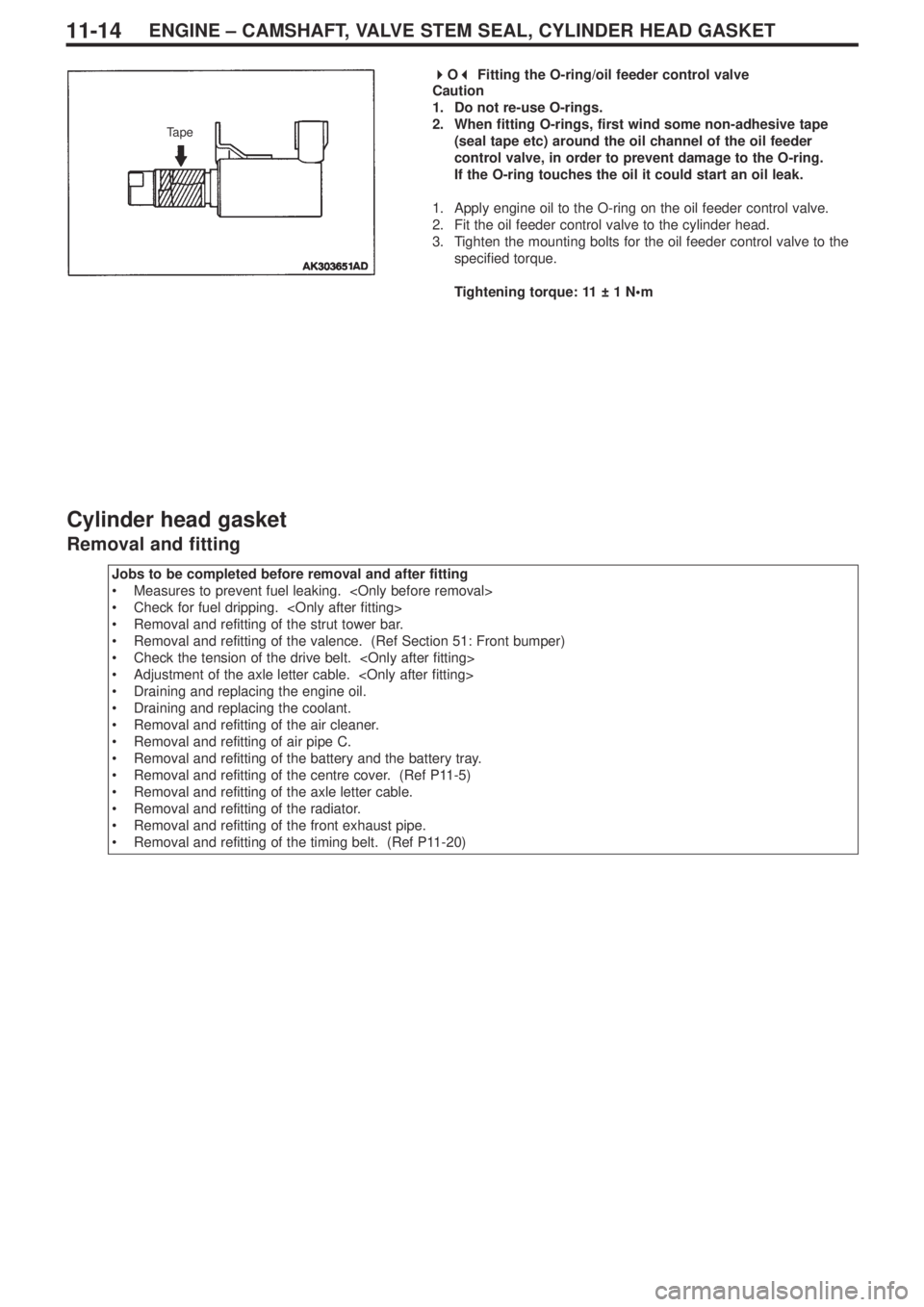 MITSUBISHI LANCER EVOLUTION IX 2005  Workshop Manual ENGINE – CAMSHAFT, VALVE STEM SEAL, CYLINDER HEAD GASKET11-14
 
O 
Fitting the O-ring/oil feeder control valve
Caution
1. Do not re-use O-rings.
2. When fitting O-rings, first wind some non-adhe