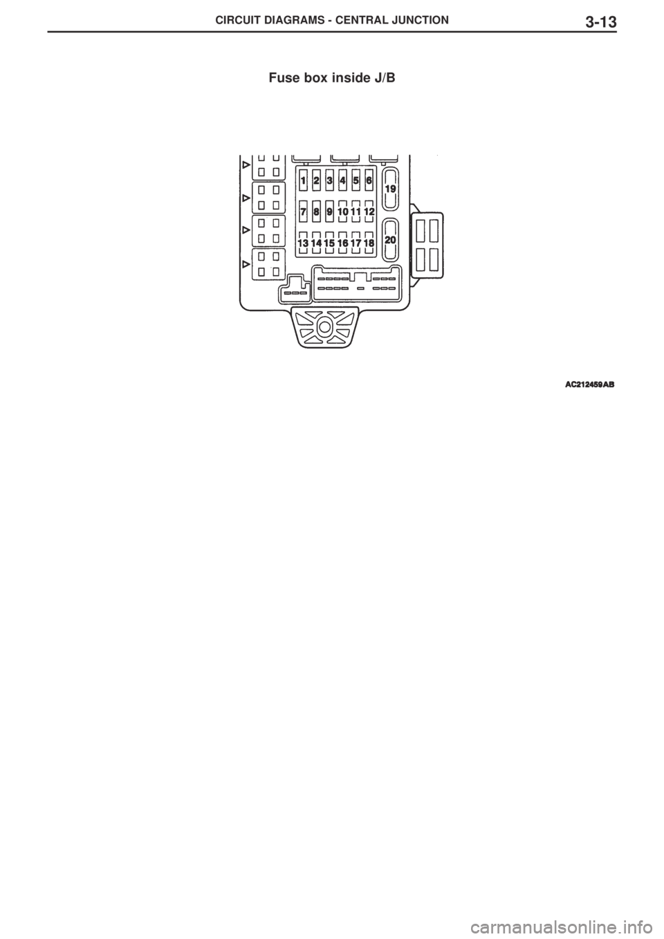 MITSUBISHI LANCER EVOLUTION IX 2005 Workshop Manual CIRCUIT DIAGRAMS - CENTRAL JUNCTION3-13
Fuse box inside J/B MITSUBISHI LANCER EVOLUTION IX 2005 Workshop Manual CIRCUIT DIAGRAMS - CENTRAL JUNCTION3-13
Fuse box inside J/B