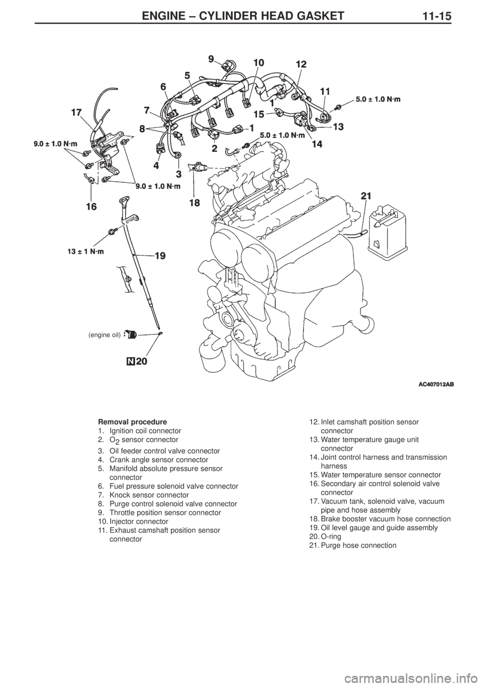 MITSUBISHI LANCER EVOLUTION IX 2005  Workshop Manual ENGINE – CYLINDER HEAD GASKET
11-15
Removal procedure
1. Ignition coil connector
2. O
2sensor connector
3. Oil feeder control valve connector
4. Crank angle sensor connector
5. Manifold absolute pre