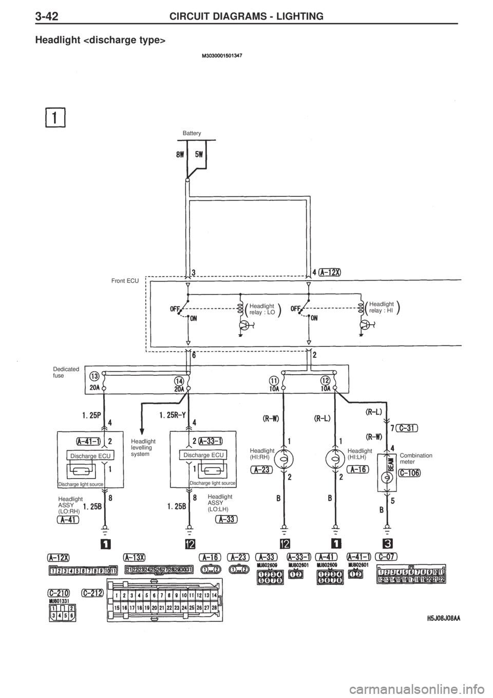 MITSUBISHI LANCER EVOLUTION IX 2005 Owners Manual CIRCUIT DIAGRAMS - LIGHTING3-42
Headlight <discharge type>
Battery
Front ECU
Dedicated
fuse 
Discharge ECU Discharge ECU 
Discharge light sourceDischarge light source
Headlight
levelling
systemHeadlig