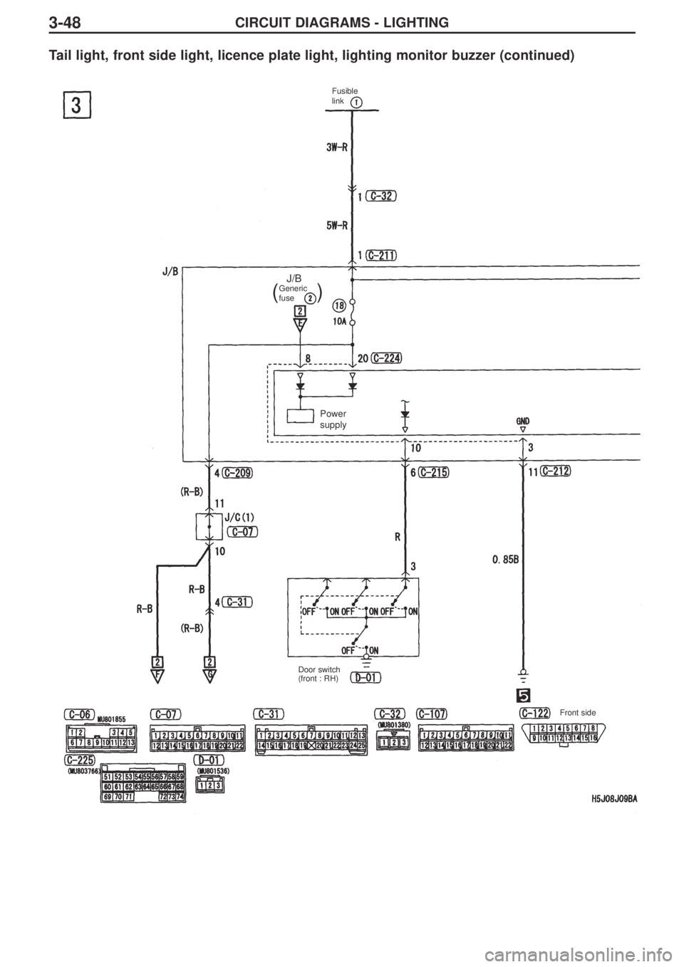 MITSUBISHI LANCER EVOLUTION IX 2005 Owners Manual CIRCUIT DIAGRAMS - LIGHTING3-48
Tail light, front side light, licence plate light, lighting monitor buzzer (continued)
Fusible
link 
Generic
fuse 
J/B
()
Door switch
(front : RH)
Front side
Power
supp