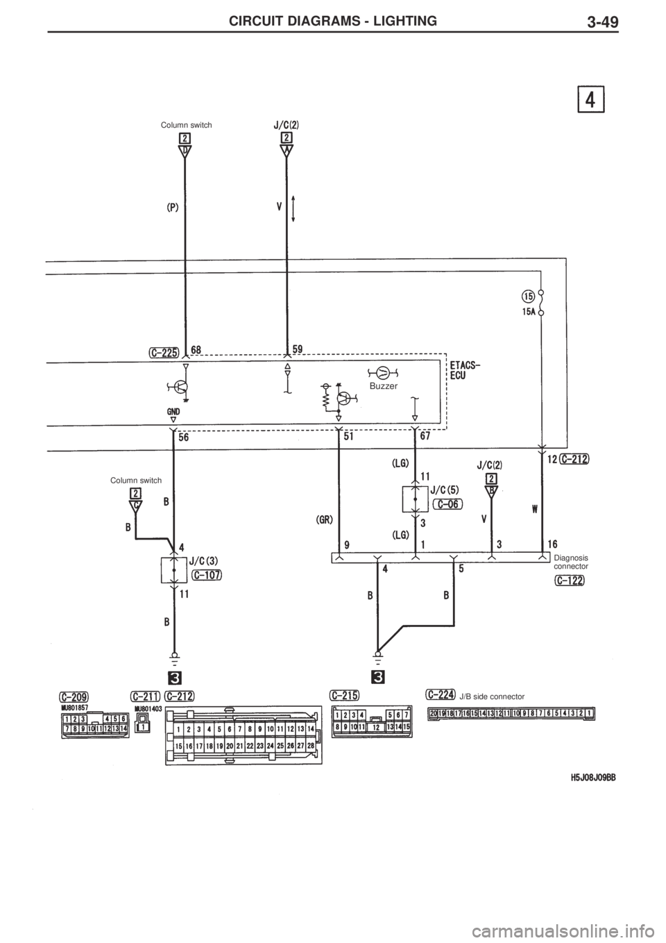 MITSUBISHI LANCER EVOLUTION IX 2005  Workshop Manual CIRCUIT DIAGRAMS - LIGHTING3-49
Column switch
Column switch
Diagnosis
connector
J/B side connector
Buzzer 