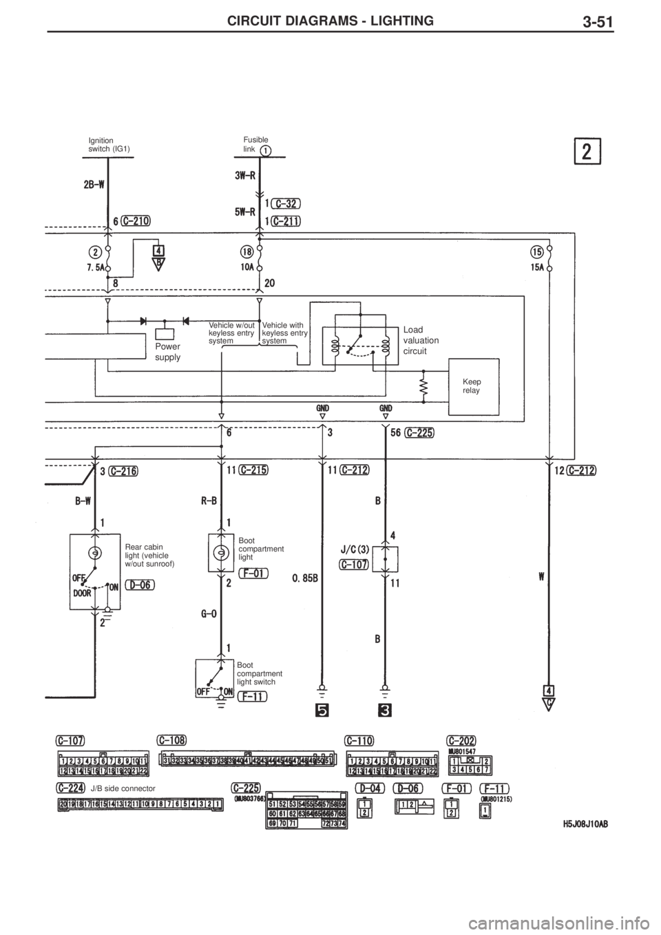 MITSUBISHI LANCER EVOLUTION IX 2005 Service Manual CIRCUIT DIAGRAMS - LIGHTING3-51
Ignition
switch (IG1)
Vehicle w/out 
keyless entry 
systemVehicle with 
keyless entry 
system Fusible
link 
Rear cabin
light (vehicle
w/out sunroof)Boot
compartment 
li