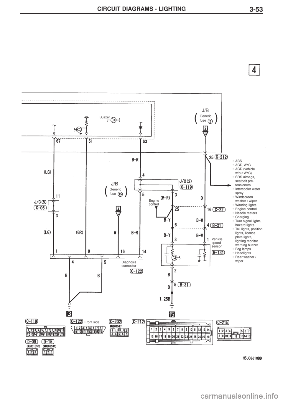 MITSUBISHI LANCER EVOLUTION IX 2005 Owners Manual 3-53CIRCUIT DIAGRAMS - LIGHTING
Buzzer
Engine
control
Diagnosis
connector
Front side
Vehicle
speed
sensor•ABS
•ACD, AYC 
•ACD (vehicle
w/out AYC)
•SRS airbags,
seatbelt pre-
tensioners
•Inte