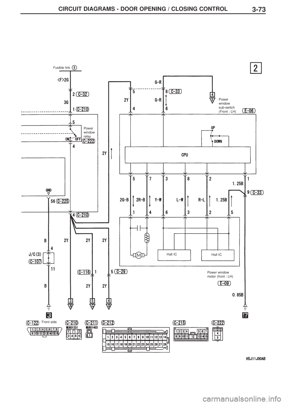 MITSUBISHI LANCER EVOLUTION IX 2005 Repair Manual 3-73CIRCUIT DIAGRAMS - DOOR OPENING / CLOSING CONTROL
Fusible link 
Power
window
relayPower
window
sub-switch
(Front : LH)
Power window
motor (front : LH)
Front sideHall IC
Hall IC 