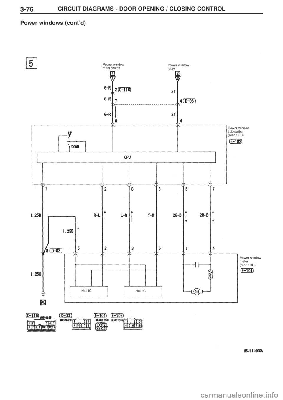 MITSUBISHI LANCER EVOLUTION IX 2005 Repair Manual 3-76CIRCUIT DIAGRAMS - DOOR OPENING / CLOSING CONTROL
Power windows (cont’d)
Power window
main switchPower window
relay
Power window
sub-switch
(rear : RH)
Power window
motor 
(rear : RH)
Hall IC Ha