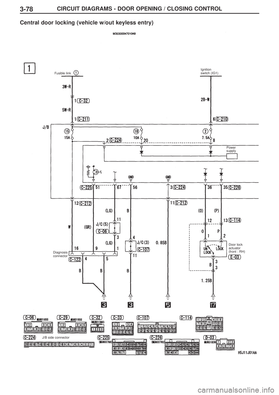 MITSUBISHI LANCER EVOLUTION IX 2005 Workshop Manual CIRCUIT DIAGRAMS - DOOR OPENING / CLOSING CONTROL
Central door locking (vehicle w/out keyless entry)
Fusible link
Diagnosis
connector
J/B side connectorIgnition
switch (IG1)
Power
supply
Door lock
ac MITSUBISHI LANCER EVOLUTION IX 2005 Workshop Manual CIRCUIT DIAGRAMS - DOOR OPENING / CLOSING CONTROL
Central door locking (vehicle w/out keyless entry)
Fusible link
Diagnosis
connector
J/B side connectorIgnition
switch (IG1)
Power
supply
Door lock
ac