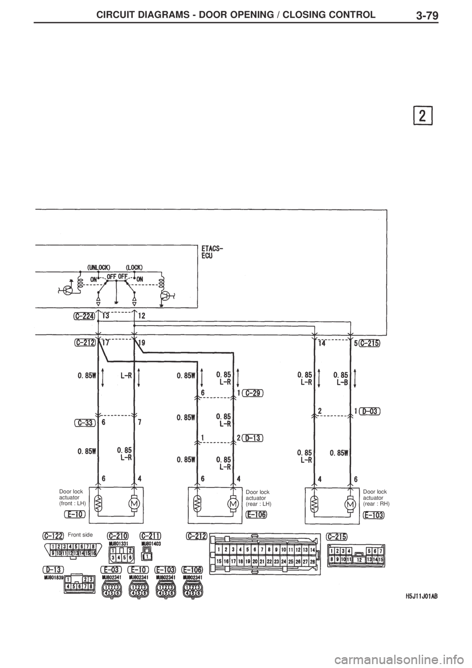 MITSUBISHI LANCER EVOLUTION IX 2005 Workshop Manual 3-79CIRCUIT DIAGRAMS - DOOR OPENING / CLOSING CONTROL
Door lock
actuator
(front : LH)Door lock
actuator
(rear : RH)
Front sideDoor lock
actuator
(rear : LH) MITSUBISHI LANCER EVOLUTION IX 2005 Workshop Manual 3-79CIRCUIT DIAGRAMS - DOOR OPENING / CLOSING CONTROL
Door lock
actuator
(front : LH)Door lock
actuator
(rear : RH)
Front sideDoor lock
actuator
(rear : LH)
