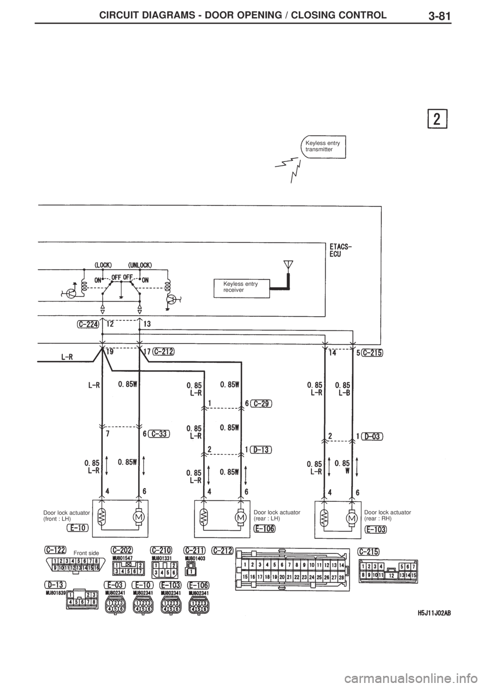 MITSUBISHI LANCER EVOLUTION IX 2005 Workshop Manual 3-81CIRCUIT DIAGRAMS - DOOR OPENING / CLOSING CONTROL
Keyless entry
transmitter
Keyless entry
receiver
Door lock actuator
(front : LH)
Front sideDoor lock actuator
(rear : LH)Door lock actuator
(rear MITSUBISHI LANCER EVOLUTION IX 2005 Workshop Manual 3-81CIRCUIT DIAGRAMS - DOOR OPENING / CLOSING CONTROL
Keyless entry
transmitter
Keyless entry
receiver
Door lock actuator
(front : LH)
Front sideDoor lock actuator
(rear : LH)Door lock actuator
(rear