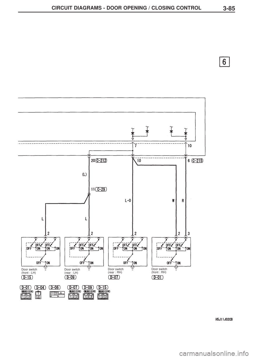 MITSUBISHI LANCER EVOLUTION IX 2005  Workshop Manual 3-85CIRCUIT DIAGRAMS - DOOR OPENING / CLOSING CONTROL
Door switch
(front : LH)Door switch
(rear : LH)Door switch
(rear : RH)Door switch
(front : RH) 