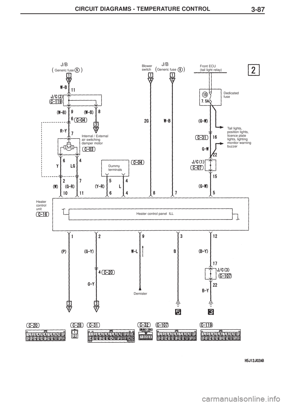 MITSUBISHI LANCER EVOLUTION IX 2005 Service Manual 3-87CIRCUIT DIAGRAMS - TEMPERATURE CONTROL
Front ECU 
(tail light relay)
Dedicated
fuse 
Tail lights,
position lights,
licence plate
lights, lighting
monitor warning
buzzer  Internal / External
air sw