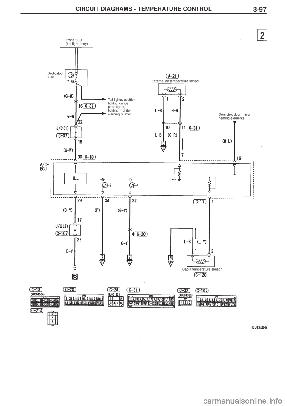 MITSUBISHI LANCER EVOLUTION IX 2005 Service Manual 3-97CIRCUIT DIAGRAMS - TEMPERATURE CONTROL
Front ECU 
(tail light relay)
Dedicated
fuse 
External air temperature sensor
Demister, door mirror
heating elements
Cabin temperature sensor Tail lights, po
